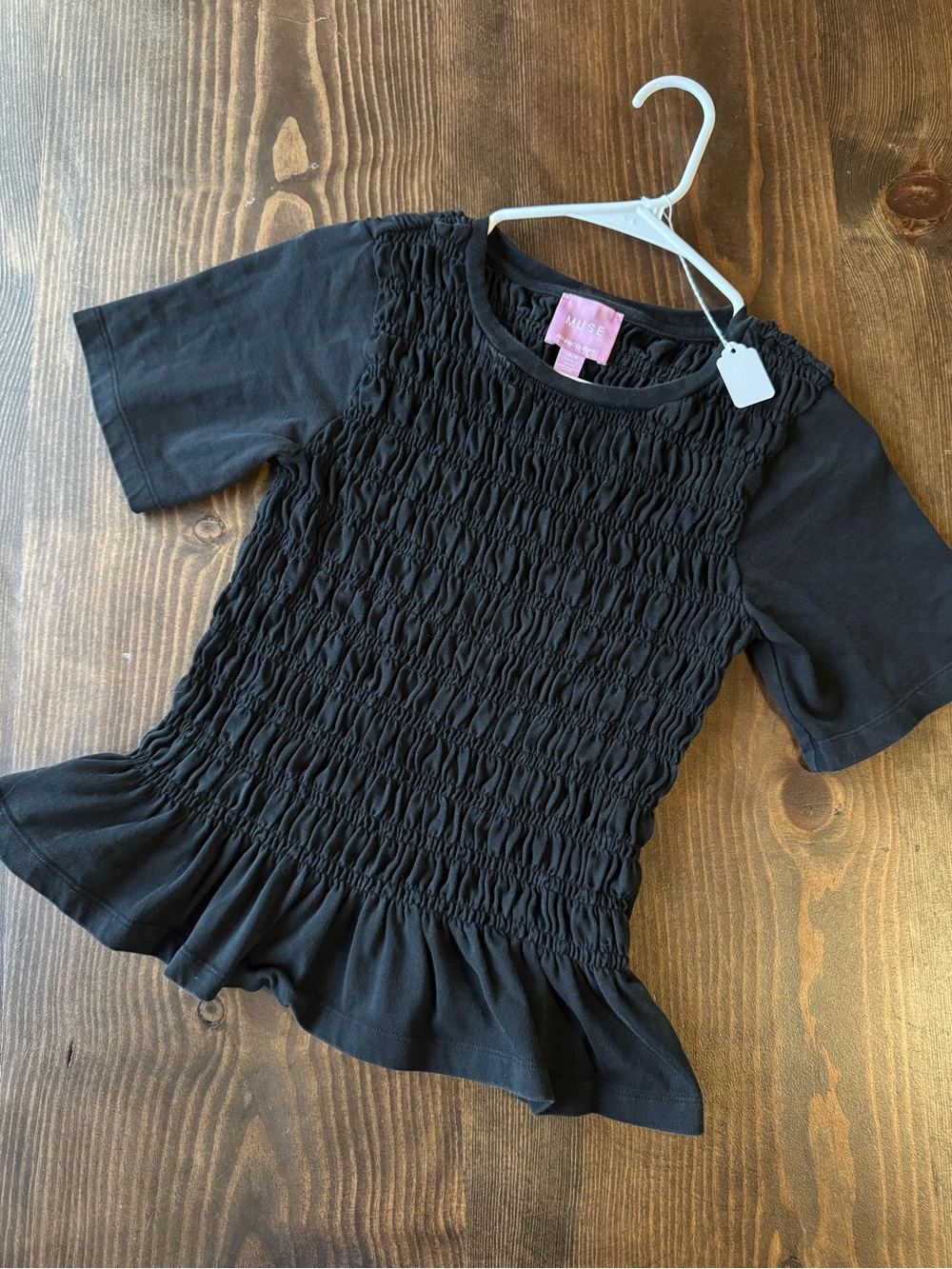 Muse Black Smocked Peplum Short Sleeve Tee